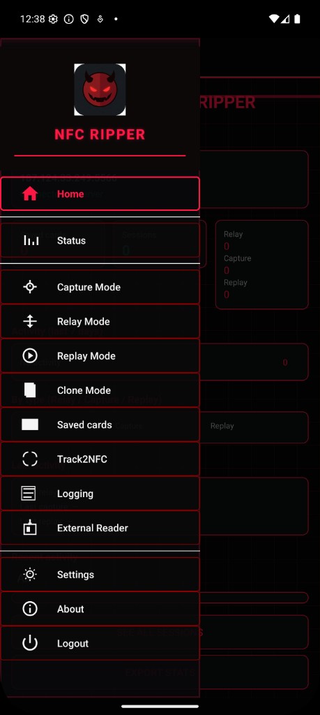 Menu: Home, Status, Capture, Relay, Replay, Clone, Saved cards, Track2NFC, Logging, External Reader