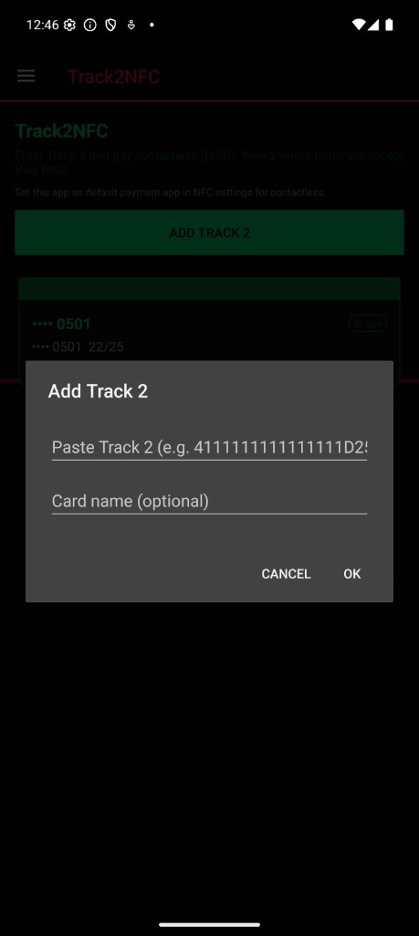 Add Track 2 dialog and saved cards list