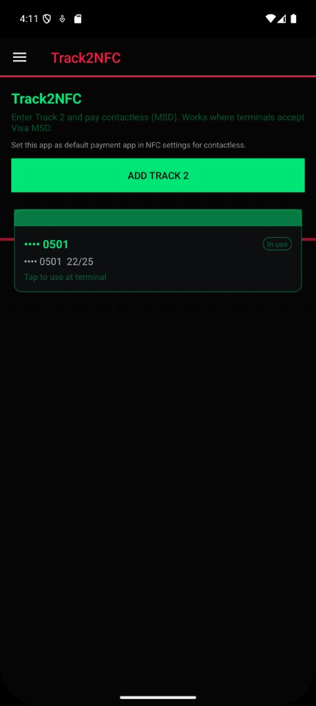 Track2NFC screen – Add Track 2, card in use
